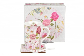 Porcelánový hrnek Rosa 300 ml, lžička a podtácek v dárkové krabičce
