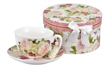 Porcelánový hrnek s podtalířkem Paeonia 300 ml v dárkové krabičce