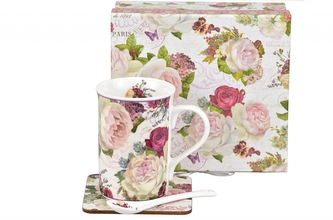 Porcelánový hrnek Paeonia 300 ml, lžička a podtácek v dárkové krabičce