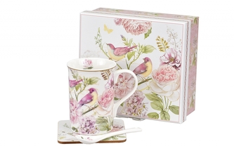 Porcelánový hrnek Birds 300 ml, lžička a podtácek v dárkové krabičce