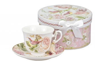 Porcelánový hrnek s podtalířkem Birds 200 ml v dárkové krabičce