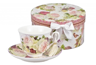 Porcelánový hrnek s podtalířkem Paeonia 200 ml v dárkové krabičce