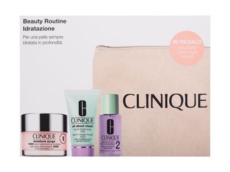 Clinique Beauty Routine hydratační krém Moisture Surge 100-Hour Auto Replenishing Hydrator 50 ml + mýdlo na obličej All About Clean Liquid Facial Soap 30 ml + pleťová voda Clarifying Lotion 2 30 ml + kosmetická taška