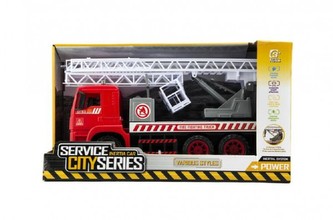 Auto hasiči s plošinou plast 35cm na setrvačník v krabici 37x21x14cm