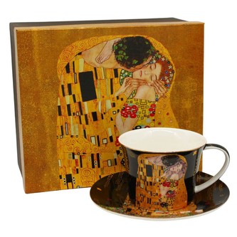 HOME ELEMENTS Hrnek 250 ml, s podšálkem, Klimt, Polibek tmavý