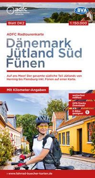 ADFC-Radtourenkarte DK2 Dänemark/Jütland Süd/ Fünen 1:150.000, reiß- und wetterfest, E-Bike geeignet, GPS-Tracks Download, mit B