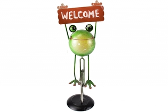 Kovová žába na kole s cedulkou WELCOME 33,5 cm II. jakost