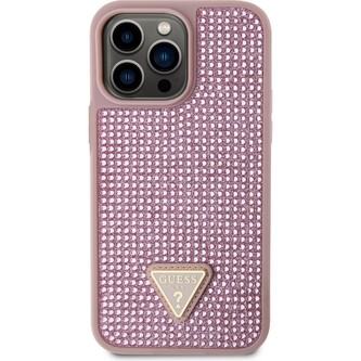 Guess Rhinestones Triangle Metal Logo kryt pro iPhone 14 Pro Max růžový