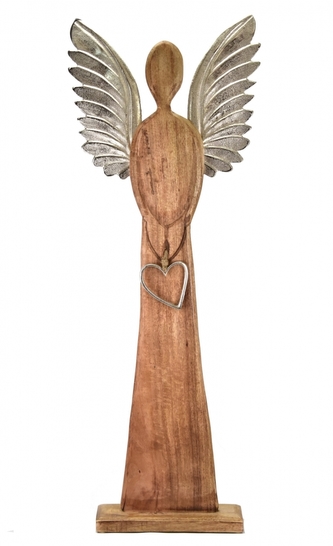 Dřevěný anděl Mango srdce s kovovými křídly 115x45x13 cm