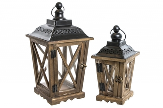 Dřevěná lucerna hnědá, sada 2 ks