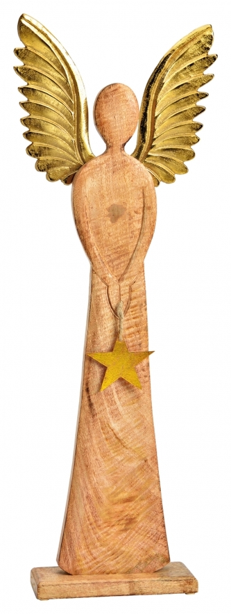 Dřevěný anděl Mango gold s kovovými křídly 70x23x8 cm