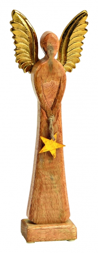 Dřevěný anděl Mango gold s kovovými křídly 34x12x6 cm