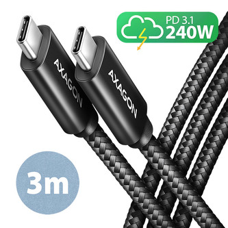 AXAGON BUCM2-CM30AB, CHARGE kabel USB-C  USB-C, 3m, Hi-Speed USB, PD 240W 5A, ALU, oplet, černý