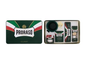 PRORASO Green krém před holením Green 100 ml + krém na holení Green 150 ml + voda po holení Green 100 ml + štětka na holení 1 ks + miska 1 ks + plechová dóza