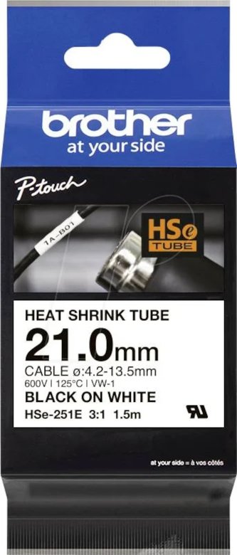 Brother HSE-251E, 21 mm x 1.5 m, černý tisk / bílý podklad , originální páska