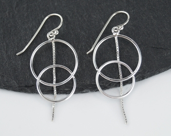 Stříbrné visací náušnice, Dva kruhy, řetízek - 37 mm
