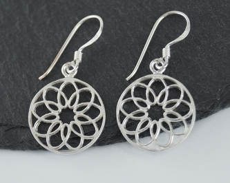 Stříbrné visací náušnice, Mandala - pár - 21 mm, prům. 18 mm