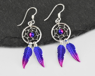 Stříbrné visací náušnice, Lapač snů fialovo-růžové