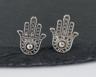 Stříbrné náušnice puzety - Hamsa