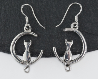 Stříbrné visací náušnice Kočka silueta