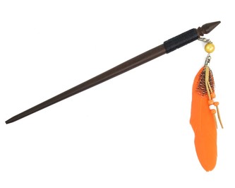 Jehlice do vlasů 18,5 cm, dřevo, korálky, pírko - Oranžové