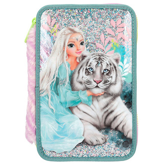 Penál 3 patra s výbavou a flitry Top Model, Víla s bílým tygrem, zeleno-fialový