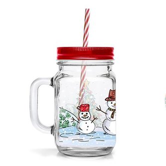 SKLENICE MASON S VÍČKEM A BRČKEM 450ML SNĚHULÁK
