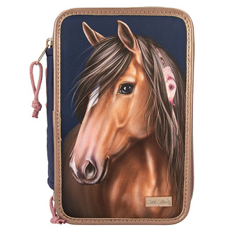 Penál 3 patra s výbavou Miss Melody, Tmavě modrý, vínovo-zlaté detaily, hlava koně