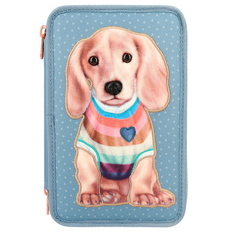 Penál 3 patra s výbavou Top Model, Světle modrý s jezevčíkem