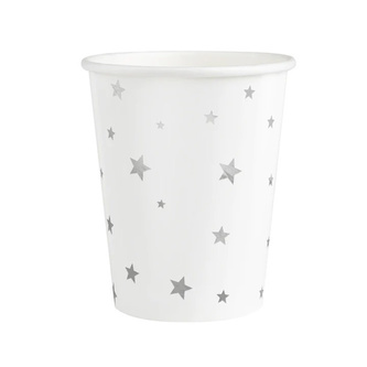 Papírové kelímky bílé se stříbrnými hvězdičkami 220 ml - 6 ks