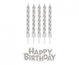 Dortové svíčky stříbrné s držátky a nápis Happy Birthday 8 cm - 16 ks