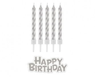 Dortové svíčky stříbrné s držátky a nápis Happy Birthday 8 cm - 16 ks