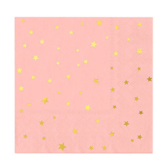Papírové ubrousky růžové se zlatými hvězdičkami, 10 ks - 33 cm x 33 cm