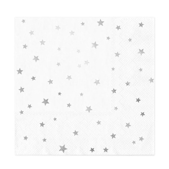 Papírové ubrousky bílé se stříbrnými hvězdičkami, 10 ks - 33 cm x 33 cm