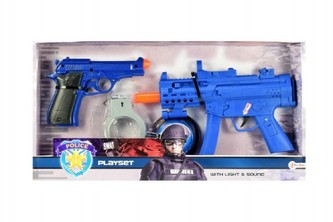 Sada policie pistole 2ks + doplňky plast na baterie se zvukem se světlem v krabici 46x23x5cm