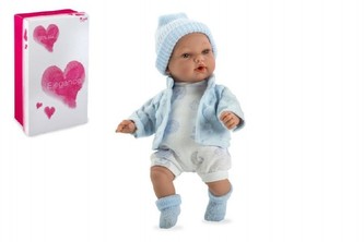 Panenka/miminko Hanne 28cm modré měkké tělo se zvukem na baterie v krabici