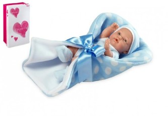 Panenka/miminko Pillines 26cm modré tvrdé tělo v zavinovačce v krabici