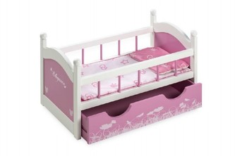 Postýlka pro panenku se šuplíkem dřevo růžová v krabici 52,5x29x32cm