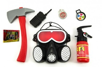 Hasičská sada s maskou + hasící přístroj stříkací vodu plast 6ks v krabici 44,5x30,5cm