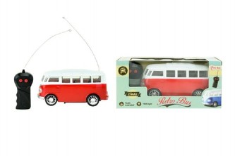 Autobus retro RC na dálkové ovládání 27MHz plast 18cm na baterie se světlem v krabici 25x11x11cm