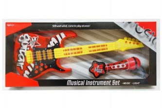 Kytara s mikrofonem plast 54cm na baterie se zvukem se světlem v krabici 61x26x6cm