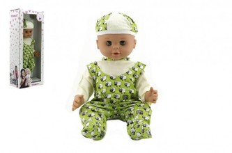 Panenka/Miminko Hamiro 50cm, pevné tělo zelené dupačky s ovečkami  + čepička v krabici 24x60x15cm