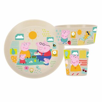 Prasátko Peppa Candy dětský set talíř, miska, kelímek písková Organic KOZIOL