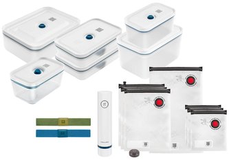 ZWILLING vakuová sada, 5x plastová nádoba, 1x skleněná nádoba, 7 sáčků, vakuová pumpa, 2 pásky, modrá - Fresh & Save