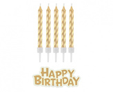 Dortové svíčky zlaté s držátky a nápis Happy Birthday 8 cm - 16 ks