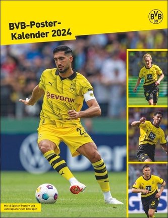 BVB Posterkalender. Jahres-Wandkalender 2024 für Fußballfans. Fotokalender mit den Stars von Borussia Dortmund. Kalender im Hoch