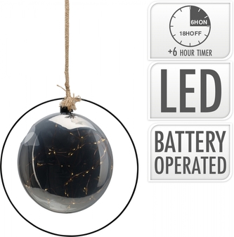 Skleněná LED koule na jutovém provazu 26x80 cm kouřová