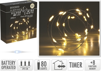 Světelný řetěz 395 cm s časovačem, 80 mikro LED teplé bílé světlo