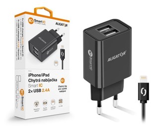 Aligator síťová nabíječka, 2x USB, smart IC, 2,4 A, kabel Lightning 2A, černá