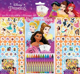 Samolepkový set s omalovánkami a voskovkami 500ks Disney Princezny